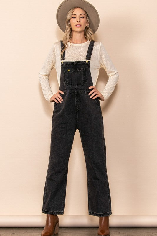 Washed Black Denim Overalls